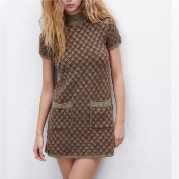 ZARA Gold Button Mini Knit Dress size M - Picture 1 of 9